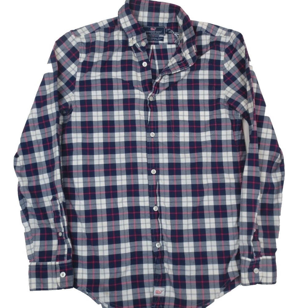 Vineyard Vines Slim Fit Murray Shirt Mens XS Blue White Plaid Stretch Button Up